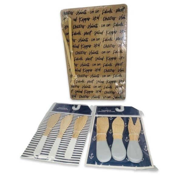 Small Glass Cutting Board 9X6 Charcuterie Bamboo Cheese Spreaders Set Cheers - Picture 1 of 7